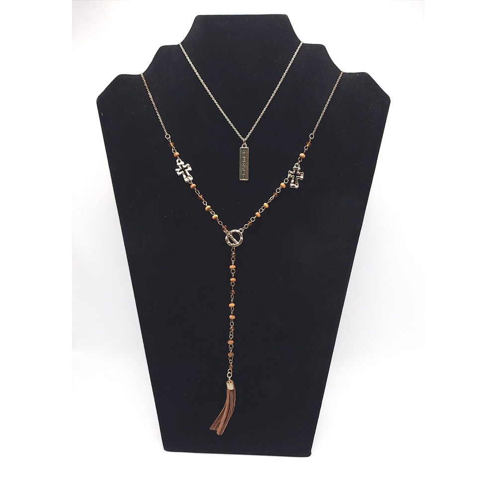 Cato 1946 Gold Multi-Layered Lariat Necklace Blessed Cross Tassel Boho 16-19"